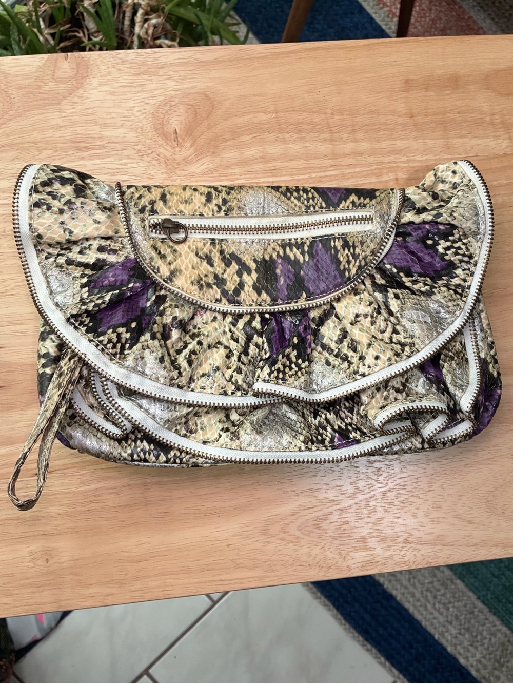 Vintage Y2K Dollhouse Snakeskin Ruffled Wristlet Clutch Bag Purple Accent Python - Picture 5 of 6